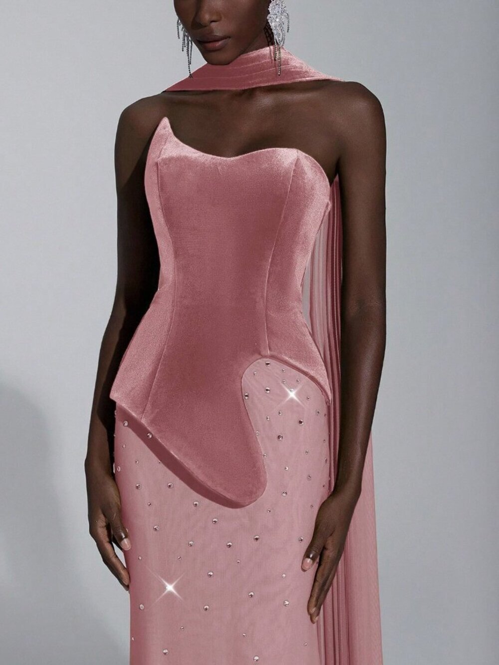 Dusty Pink Velvet Party Women's Fishtail Evening Gown - Picture 3 of 7